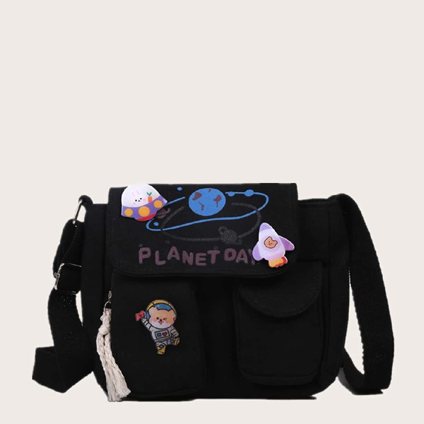 

Kids Cartoon Decor Canvas Crossbody Bag, Black