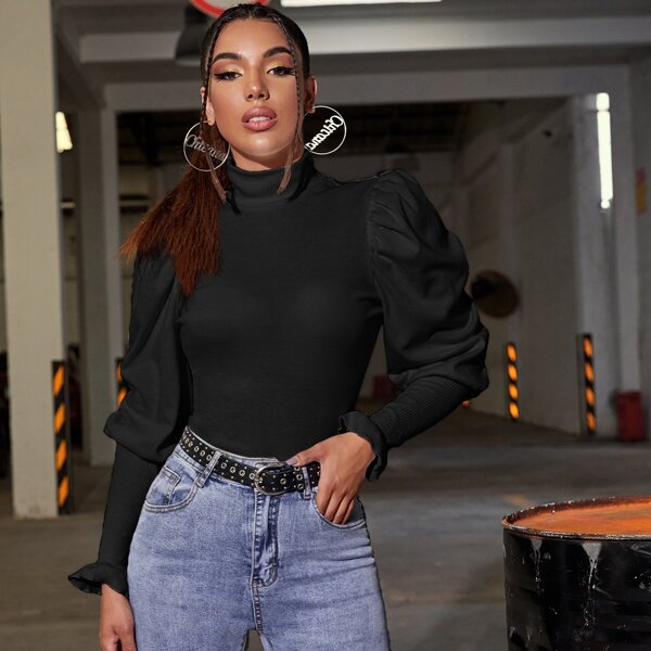 

High Neck Gigot Sleeve Rib-knit Tee, Black