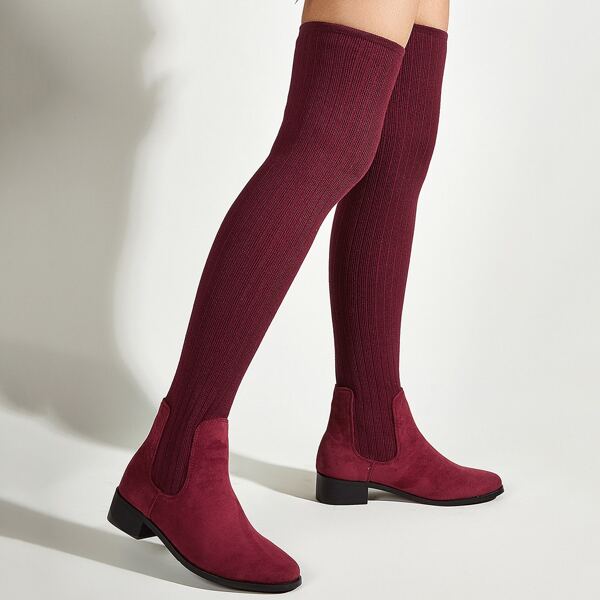 

Round Toe Thigh High Sock Boots, Burgundy