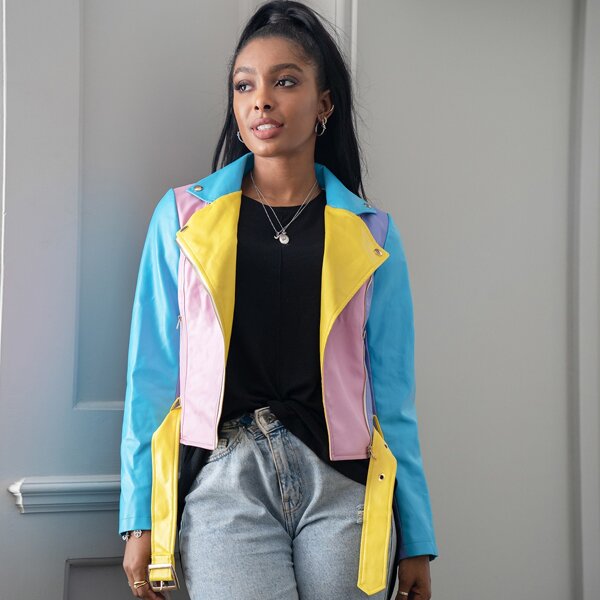 

Colorblock PU Moto Jacket With Buckle Belted, Multicolor