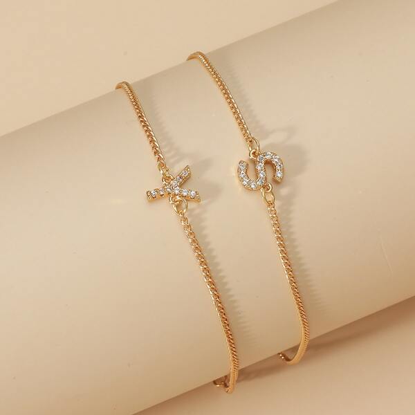 

2pcs Rhinestone Letter Decor Bracelet, Gold