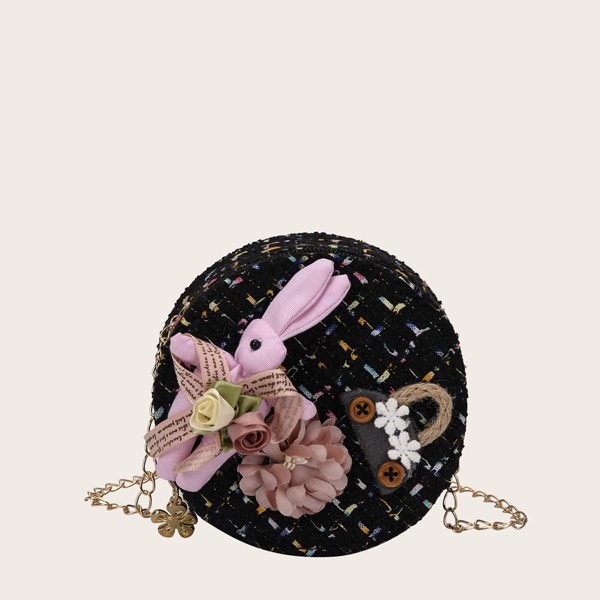 

Girls Floral Decor Tweed Circle Bag, Black