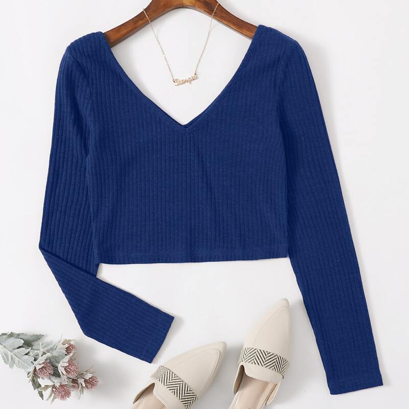 

Solid Rib-knit Crop Tee, Blue