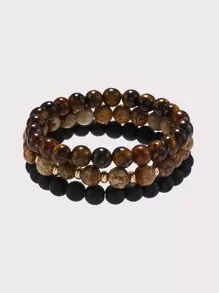 RINTOLER 3pcs/Set Vintage Punk Style Elastic Beaded Bracelet Set With Energy Stone - Multicolor - View 2