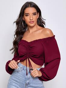 SHEIN Top corto fruncido delantero de manga farol de hombros descubiertos - Granate - Ver 1