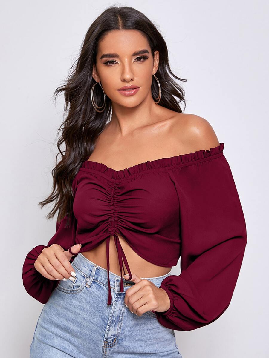 SHEIN Top corto fruncido delantero de manga farol de hombros descubiertos - Granate - Ver 1