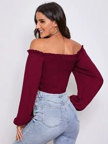 SHEIN Top corto fruncido delantero de manga farol de hombros descubiertos - Granate - Ver 2