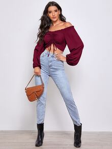 SHEIN Top corto fruncido delantero de manga farol de hombros descubiertos - Granate - Ver 4