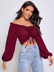 SHEIN Top corto fruncido delantero de manga farol de hombros descubiertos - Granate - Ver 5