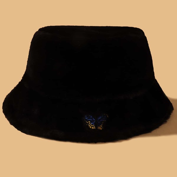 

Butterfly Embroidered Plush Bucket Hat, Black