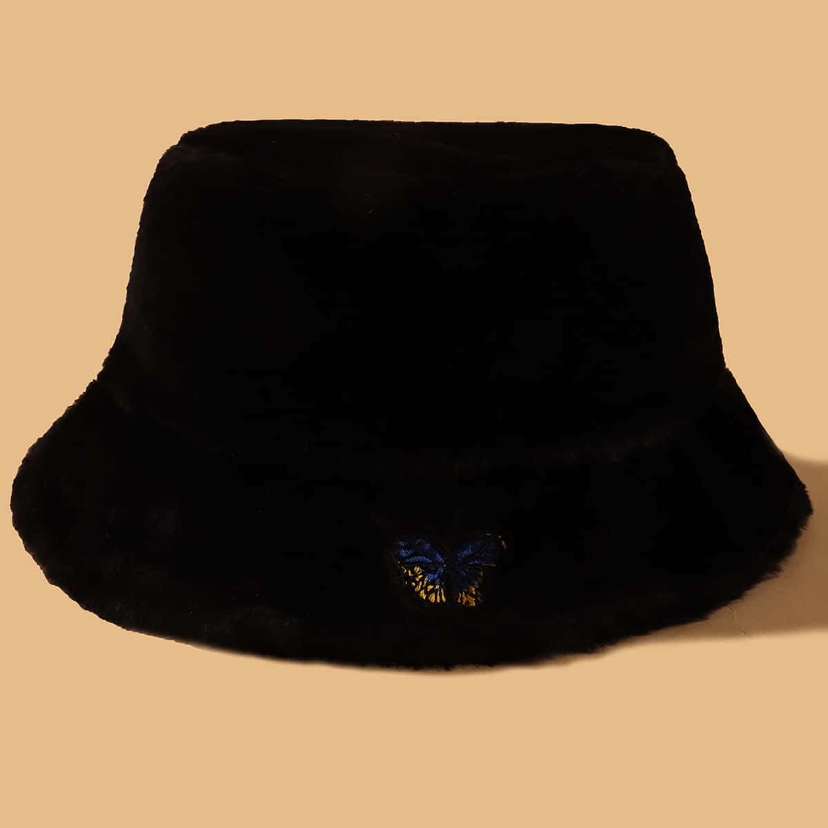 

Butterfly Embroidered Plush Bucket Hat, Black