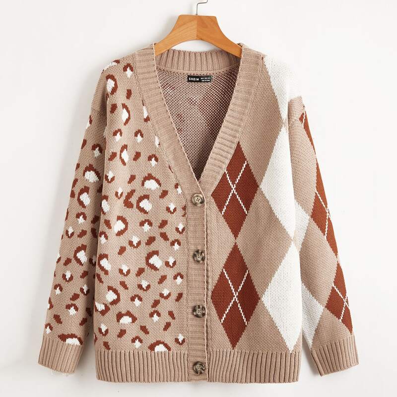 

Button Front Leopard & Argyle Pattern Cardigan, Multicolor