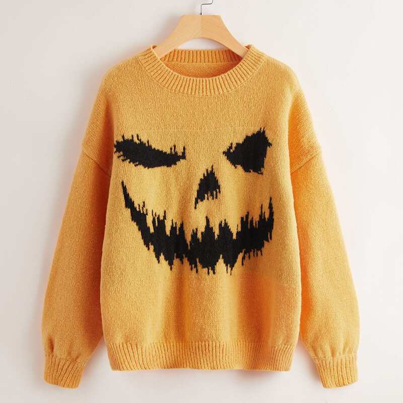 

Drop Shoulder Halloween Pattern Sweater, Mustard yellow