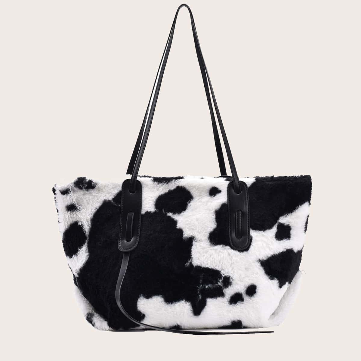 

Cow Print Fluffy Tote Bag, Black and white