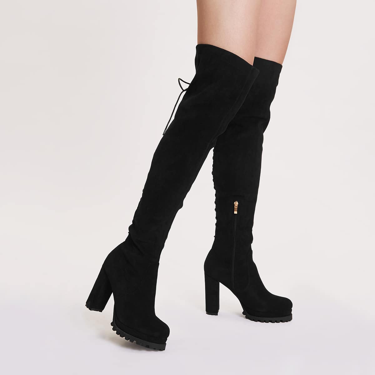 

Lace-up Back Chunky Heeled Boots, Black