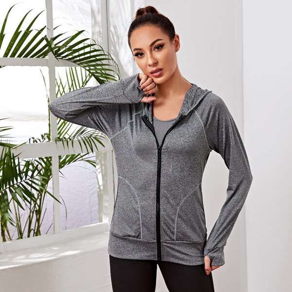 

Raglan Sleeve Zip Up Drawstring Hooded Sports Jacket, Grey
