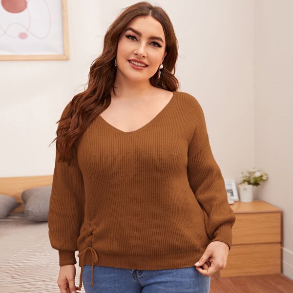 

Plus Drawstring Ruched Ribbed Knit Sweater, Brown
