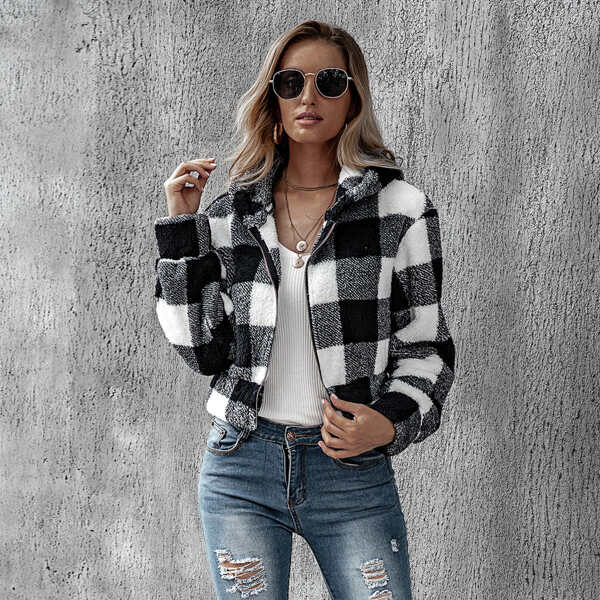 

Buffalo Plaid Teddy Hooded Jacket, Black and white