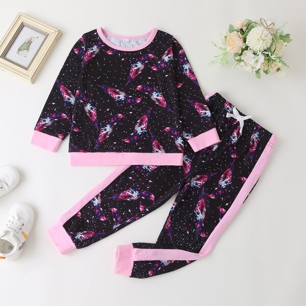 

Toddler Girls Feather Print Ringer Sweatshirt With Joggers, Multicolor