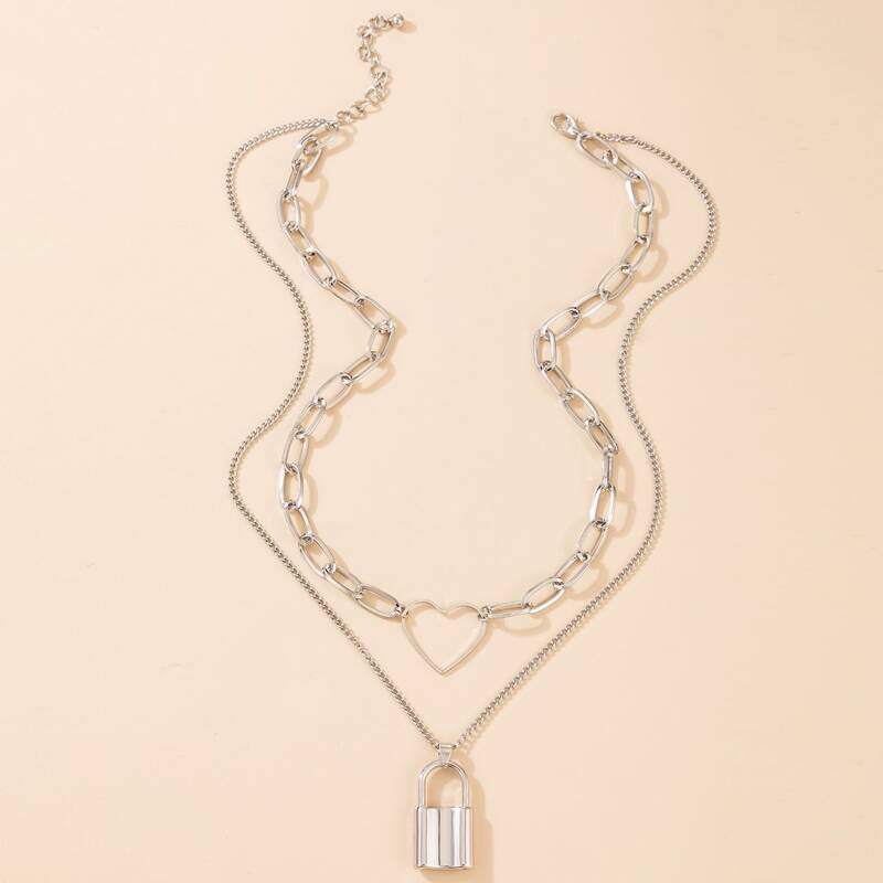 Lock & Heart Design Layered Necklace, Silver