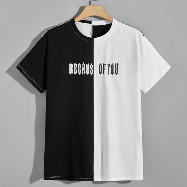 

Men Slogan Graphic Two Tone Tee, Black and white