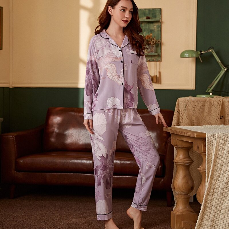 

Contrast Binding Floral Print Pocket Front PJ Set, Mauve purple