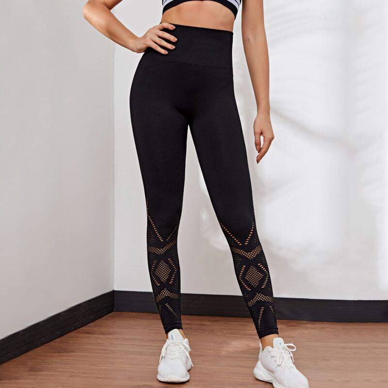 

Hollow Out Solid Sports Leggings, Black