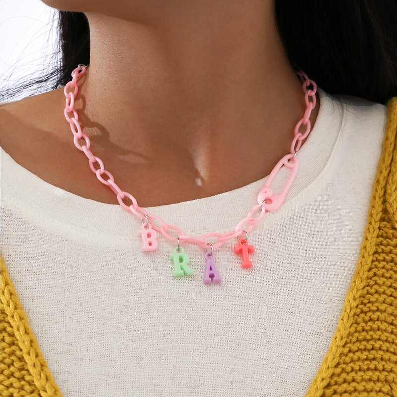 

Letter Chunky Chain Necklace, Pink