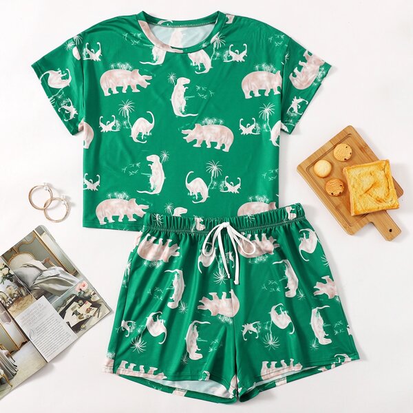 

Plus Dinosaur Print Pajama Set, Green