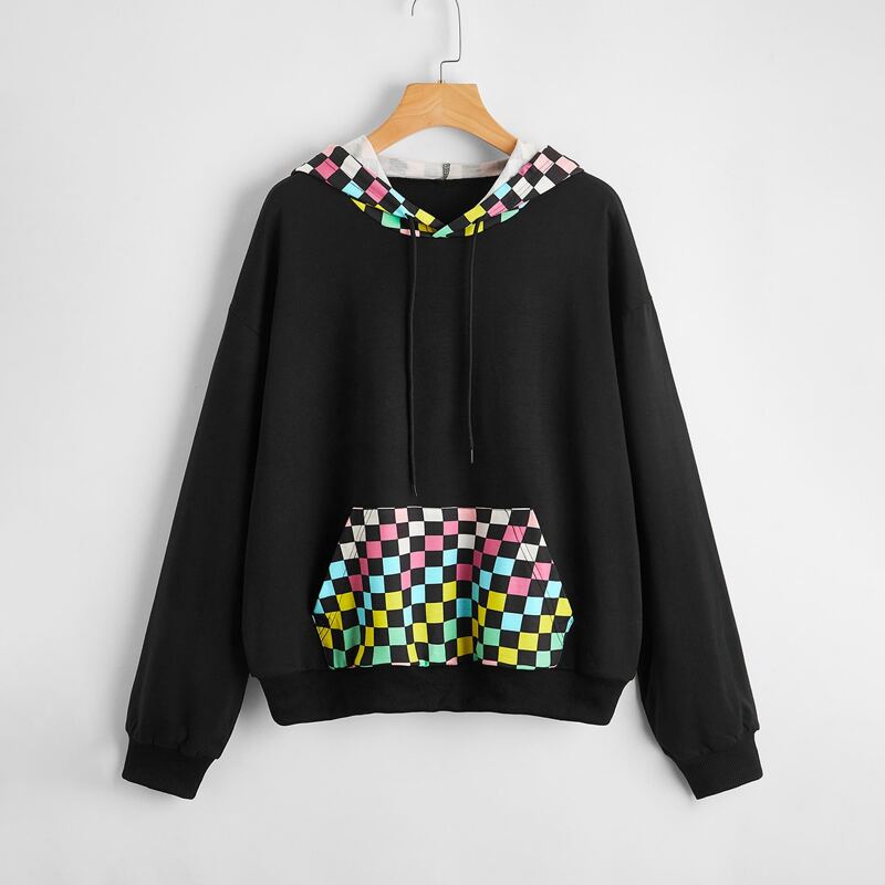 

Checkerboard Drawstring Oversized Hoodie, Multicolor