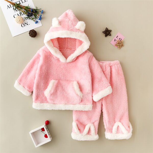 

Toddler Girls 3D Ear Design Kangaroo Pocket Teddy Hoodie & Pants, Pink