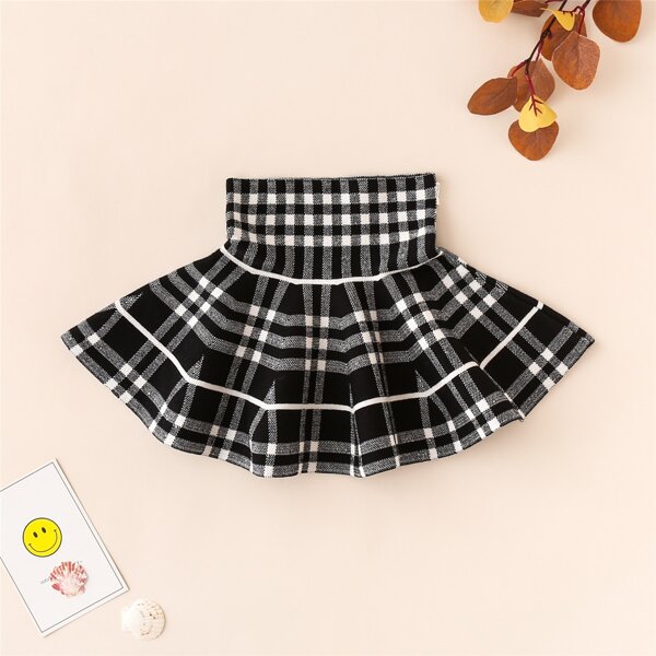 

Girls Plaid Flare Knit Skirt, Black and white