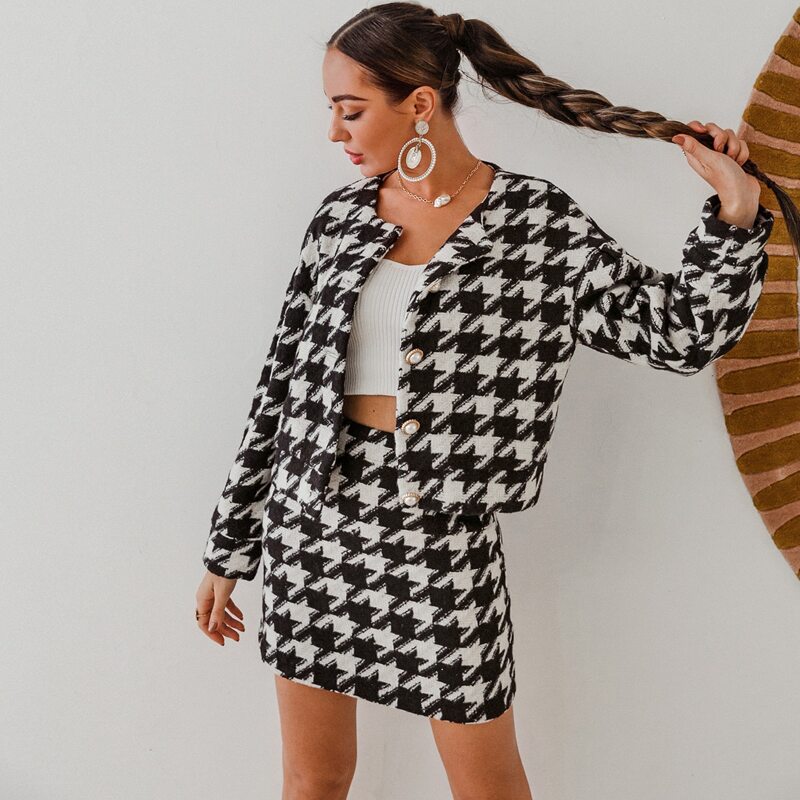 

Glamaker Button Front Houndstooth Tweed Top & Skirt Set, Black and white