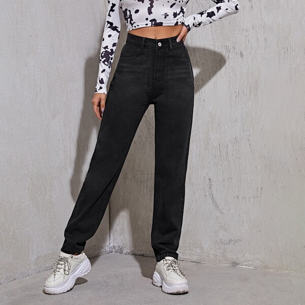 

High Waist Straight Leg Jeans, Black