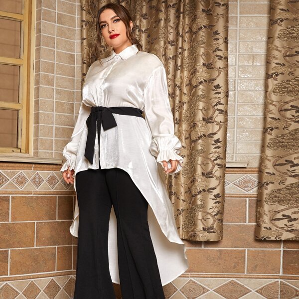 

Plus Ruffle Cuff High Low Belted Blouse, White