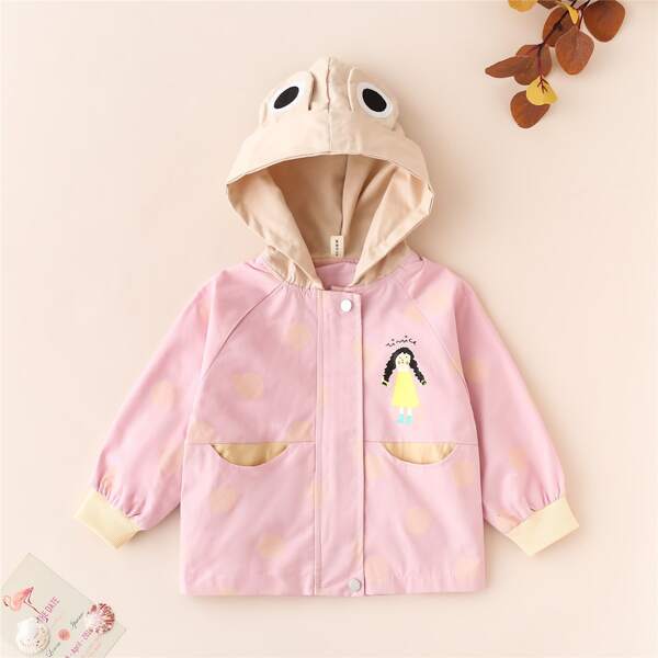 

Toddler Girls Cartoon And Polka Dot Hooded Jacket, Baby pink