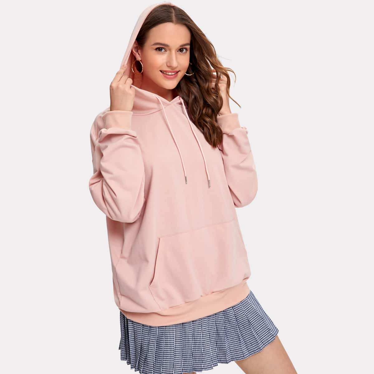 

Solid Pocket Drawstring Oversized Hoodie, Dusty pink