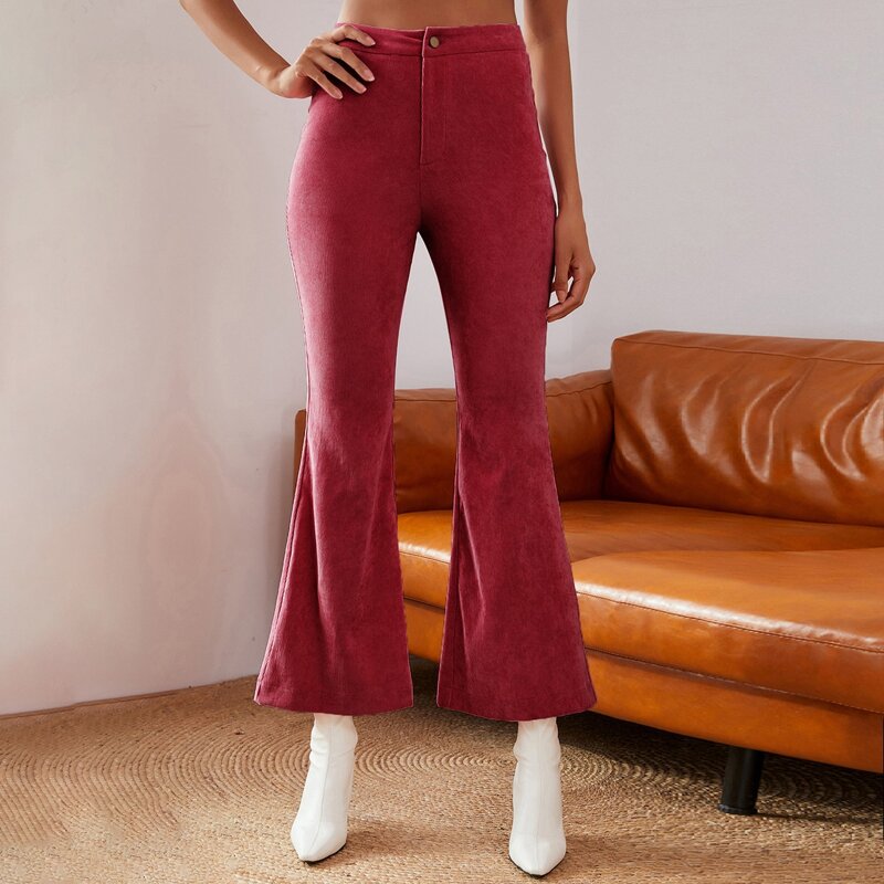 

Double Crazy High Waist Flare Leg Cord Pants, Rose red