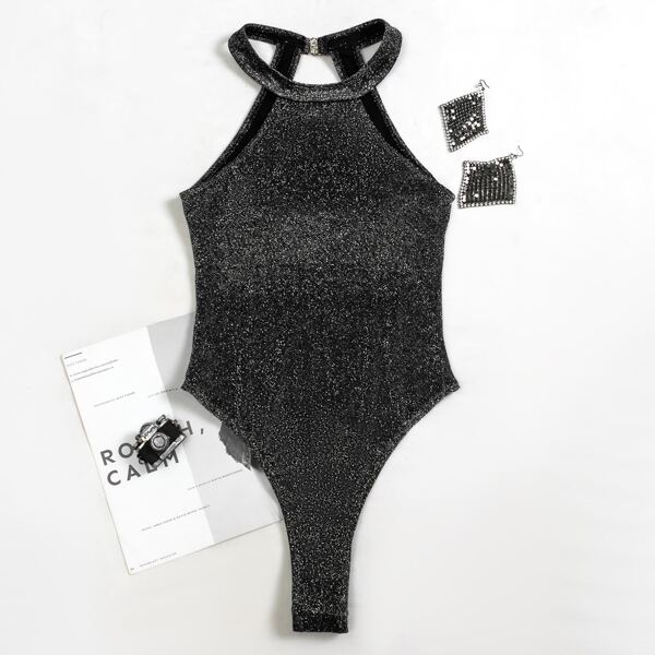 

Glitter Cut-out Back One Piece Swimsuit, Black