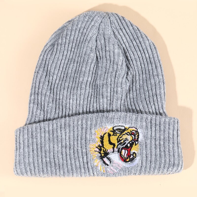 

Tiger Embroidery Knit Beanie, Grey