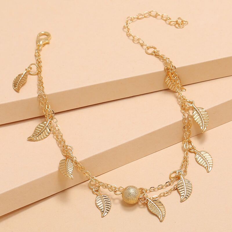 

Leaf & Ball Chain Anklet, Gold