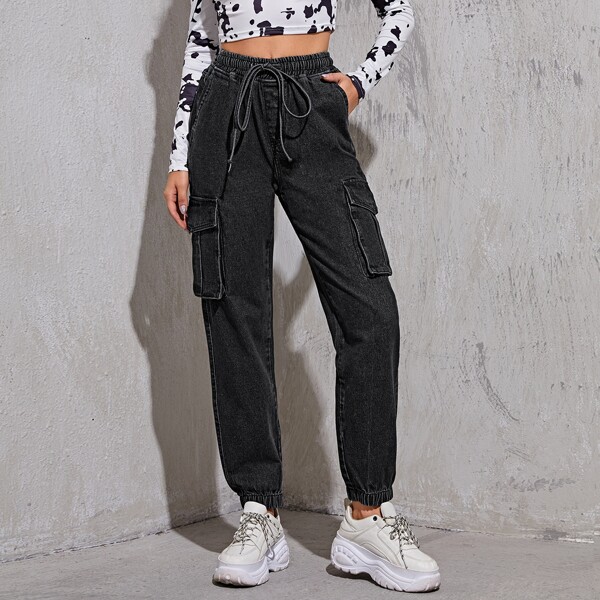 

High Waisted Drawstring Waist Cargo Jeans, Black