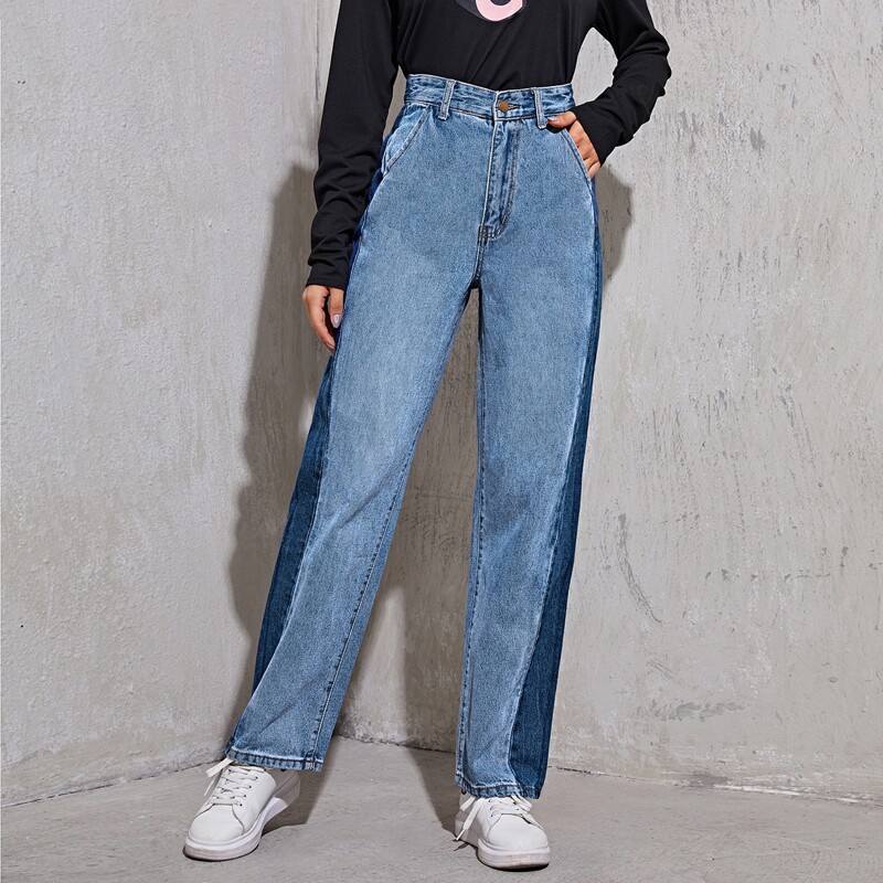 

High Waist Colorblock Jeans Without Belt, Medium wash