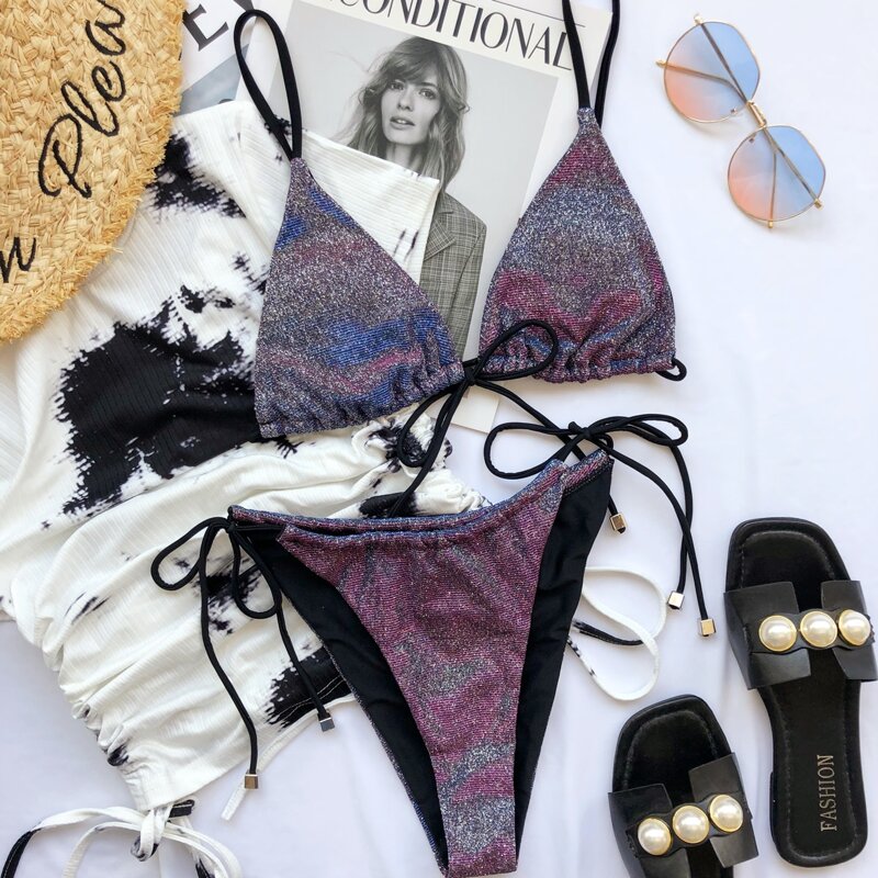 

Glitter Triangle Tie Side Bikini Swimsuit, Multicolor
