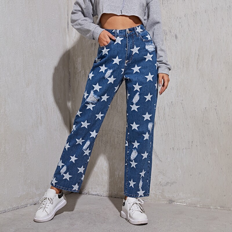 

Allover Star Print Ripped Jeans Without Belt, Dark wash