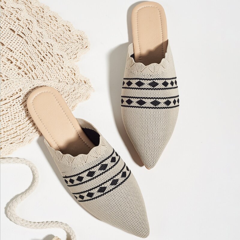 

Geometric Graphic Knit Flat Mules, Apricot