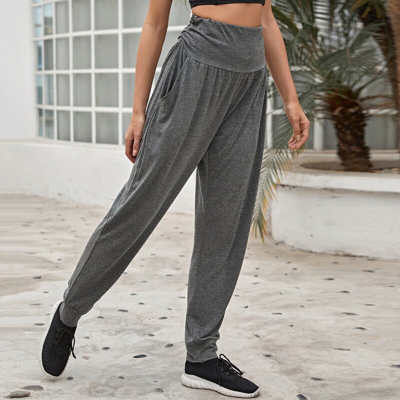 

Wide Waistband Ruched Sports Pants, Dark grey
