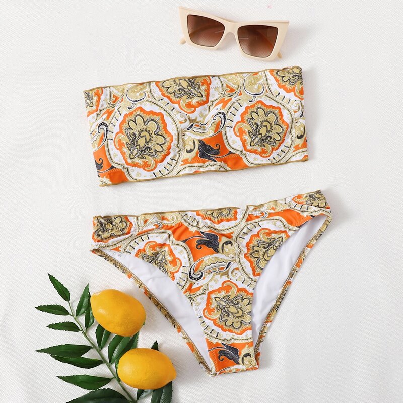 

Tribal Print High Waist Bandeau Swimsuit, Orange
