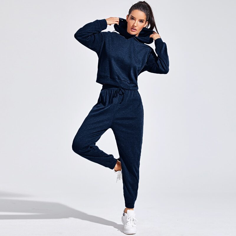 

Solid Hoodie & Knot Front Sweatpants, Navy blue