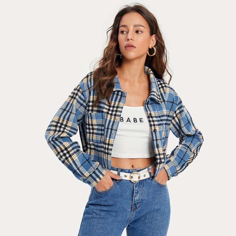 

Collared Single Breasted Pocket Front Plaid Jacket, Multicolor